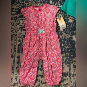 Cherokee Pink Floral Knit Romper with Teal Bow